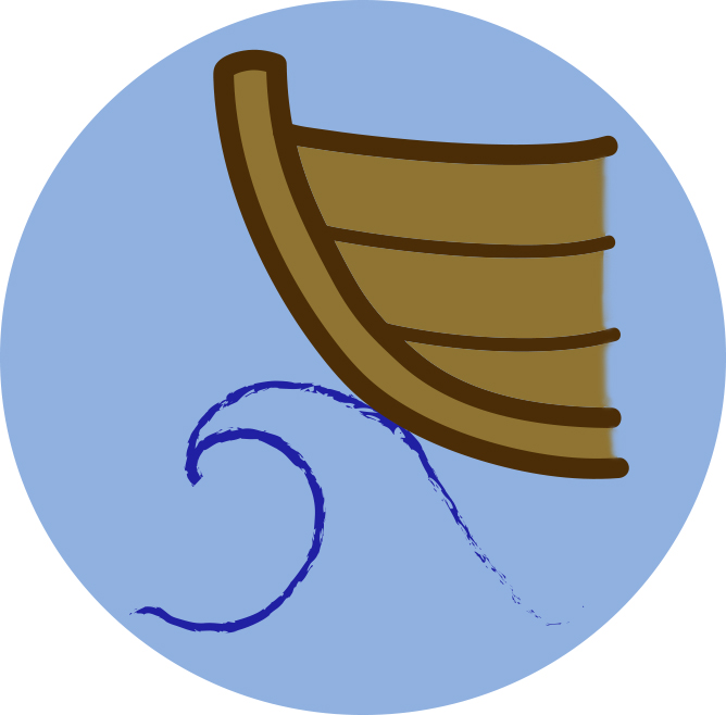 Projektets logo: en ljusblå cirkel med en våg i profil. Vågen lyfter en klinkbyggd båt, enbart fören syns.
