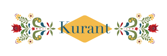 Projekt Kurants logo - en tolkning av Björkö-målarnas blomdekorationer med namnet skrivet i blått på ett gult fält.