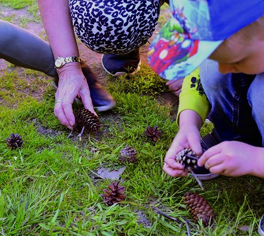 Bilden visar en pojke som sitter på huk och trycker fast pinnar som ben till ett kottdjur. Brevid honom syns en äldre kvinnas hand, som håller ett annat kottdjur.